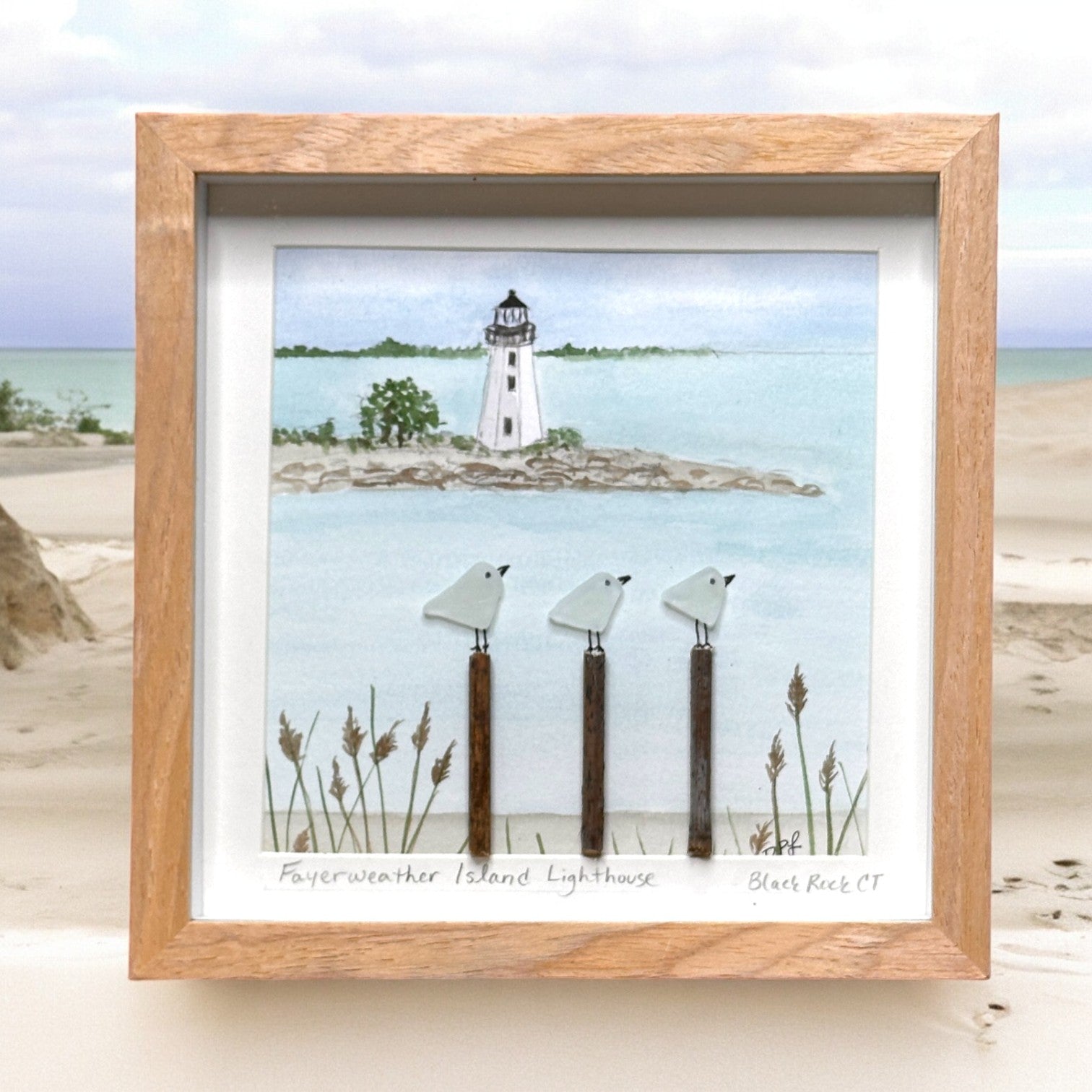 Fayerweather Island Lighthouse Black Rock Connecticut Three Sea Glass Birds on Watercolor Print - Deluxe Framed Shadowbox - 8-7/8-in - Mellow Monkey