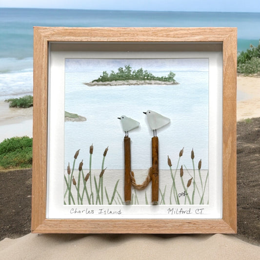 Charles Island Milford Connecticut Two Sea Glass Birds on Watercolor Print - Deluxe Framed Shadowbox - 8-7/8-in