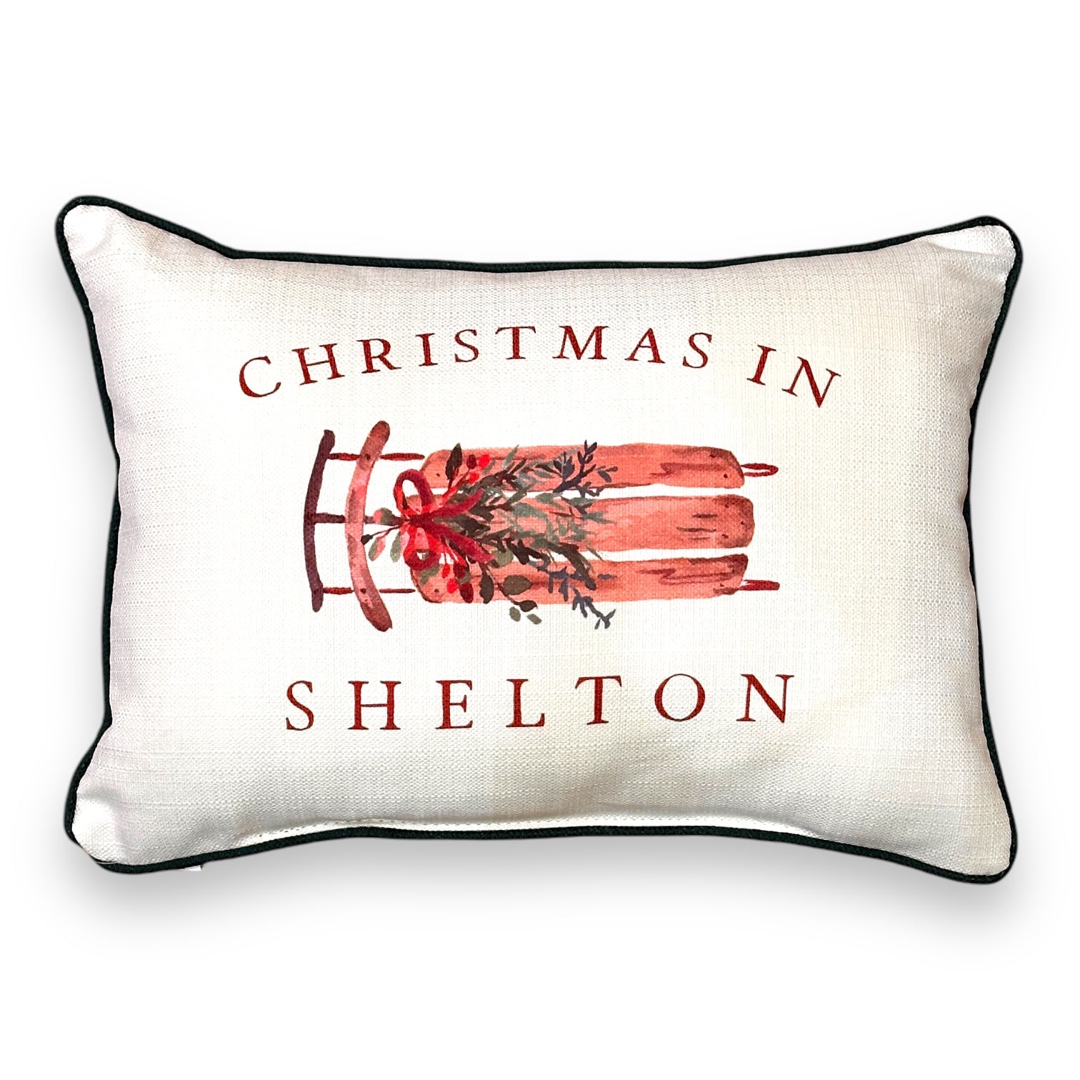 Christmas In Shelton - Sled Print Throw Pillow with Evergreen Piping - 19-inch - Mellow Monkey