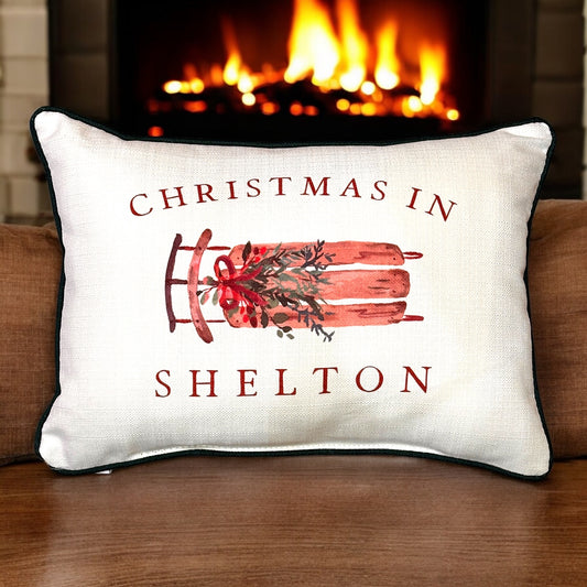 Christmas In Shelton - Sled Print Throw Pillow with Evergreen Piping - 19-inch - Mellow Monkey