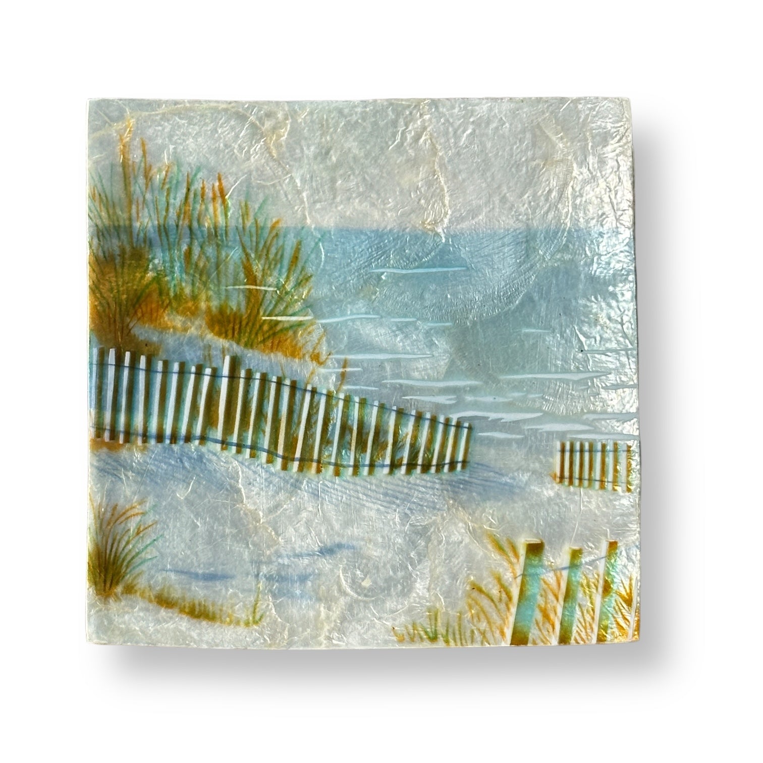 Beach Dune with Fence Painted Capiz Dish - 5-in Square - Mellow Monkey