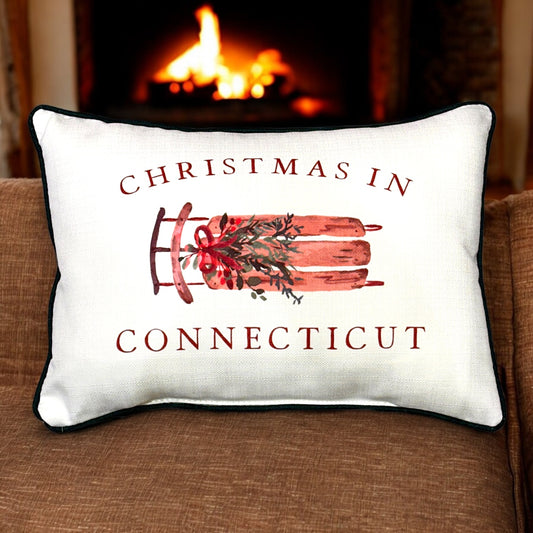 Christmas In Connecticut - Sled Print Throw Pillow with Evergreen Piping - 19-inch - Mellow Monkey