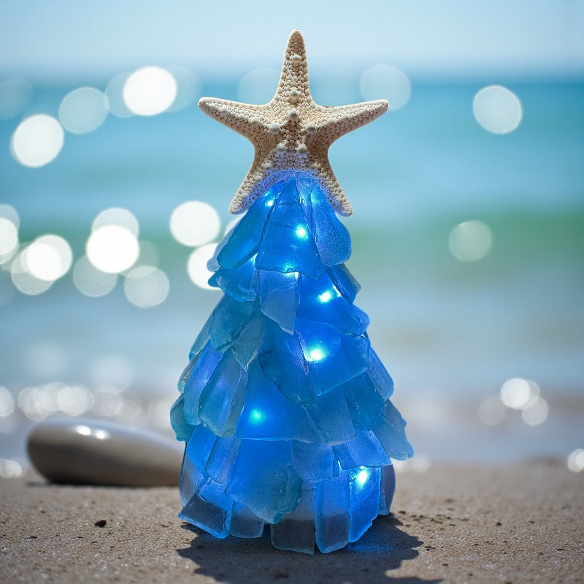 Sea Glass Christmas Tree Real Starfish with Lights - 6 In. - Ocean Mix - Mellow Monkey