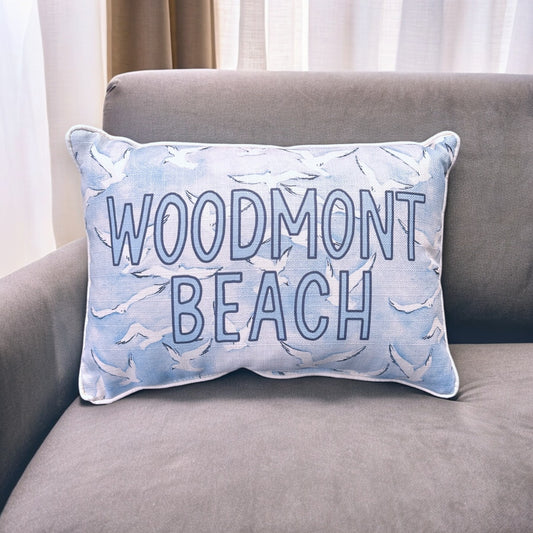 Woodmont Beach - Seagulls Print Pillow with Natural Piping - 19-inch - Mellow Monkey