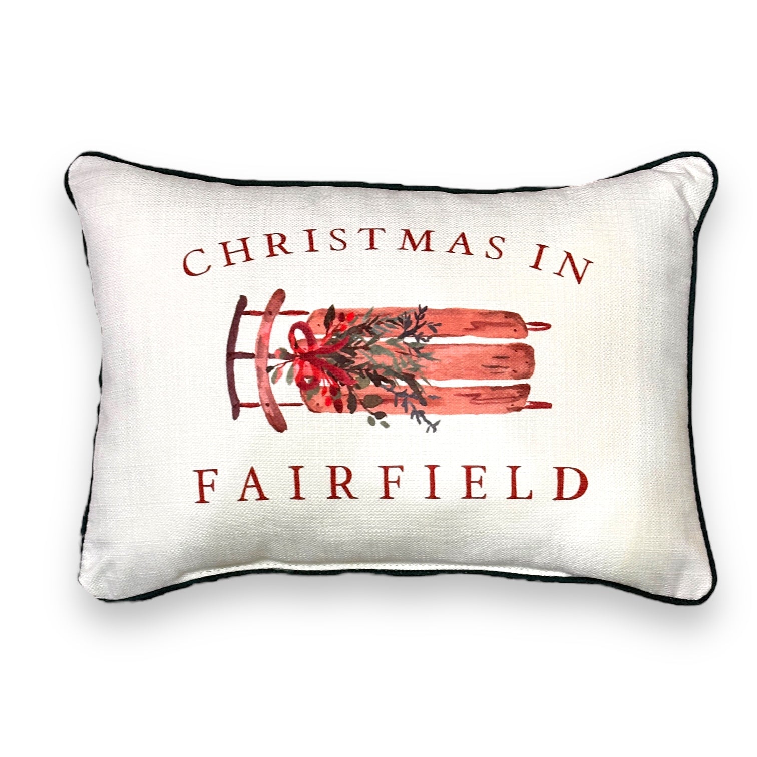 Christmas In Fairfield - Sled Print Throw Pillow with Evergreen Piping - 19-inch - Mellow Monkey