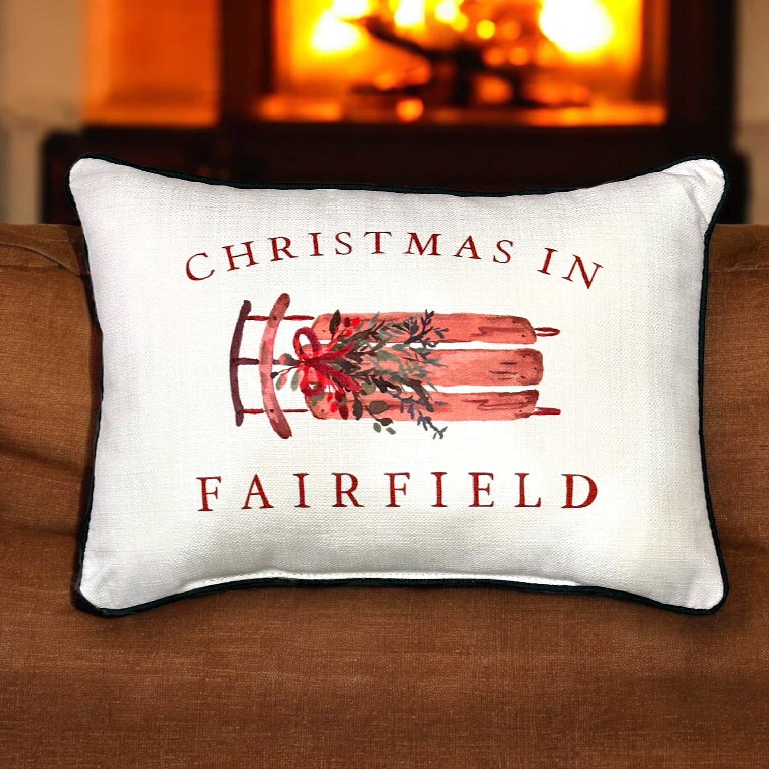 Christmas In Fairfield - Sled Print Throw Pillow with Evergreen Piping - 19-inch - Mellow Monkey