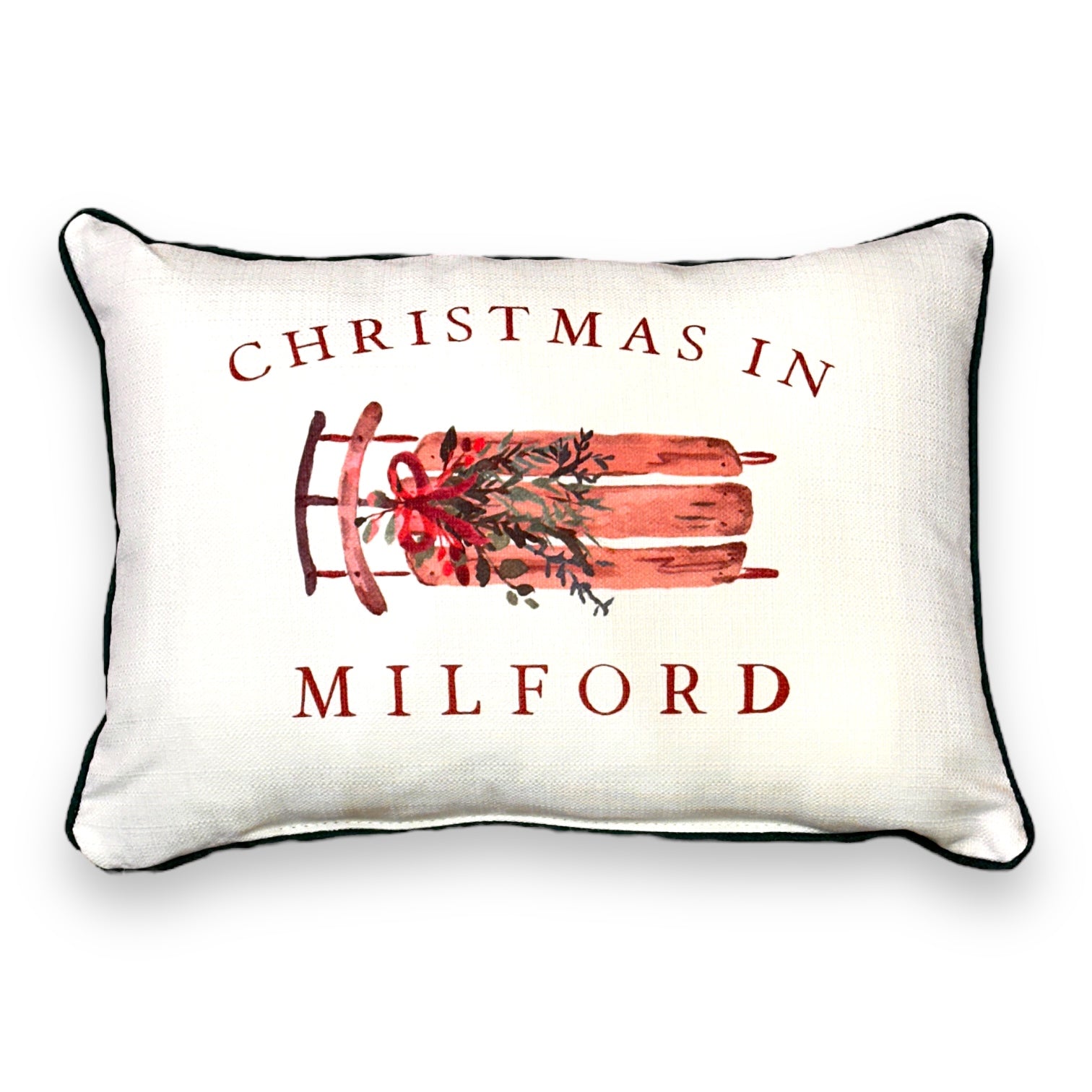 Christmas In Milford - Sled Print Throw Pillow with Evergreen Piping - 19-inch - Mellow Monkey