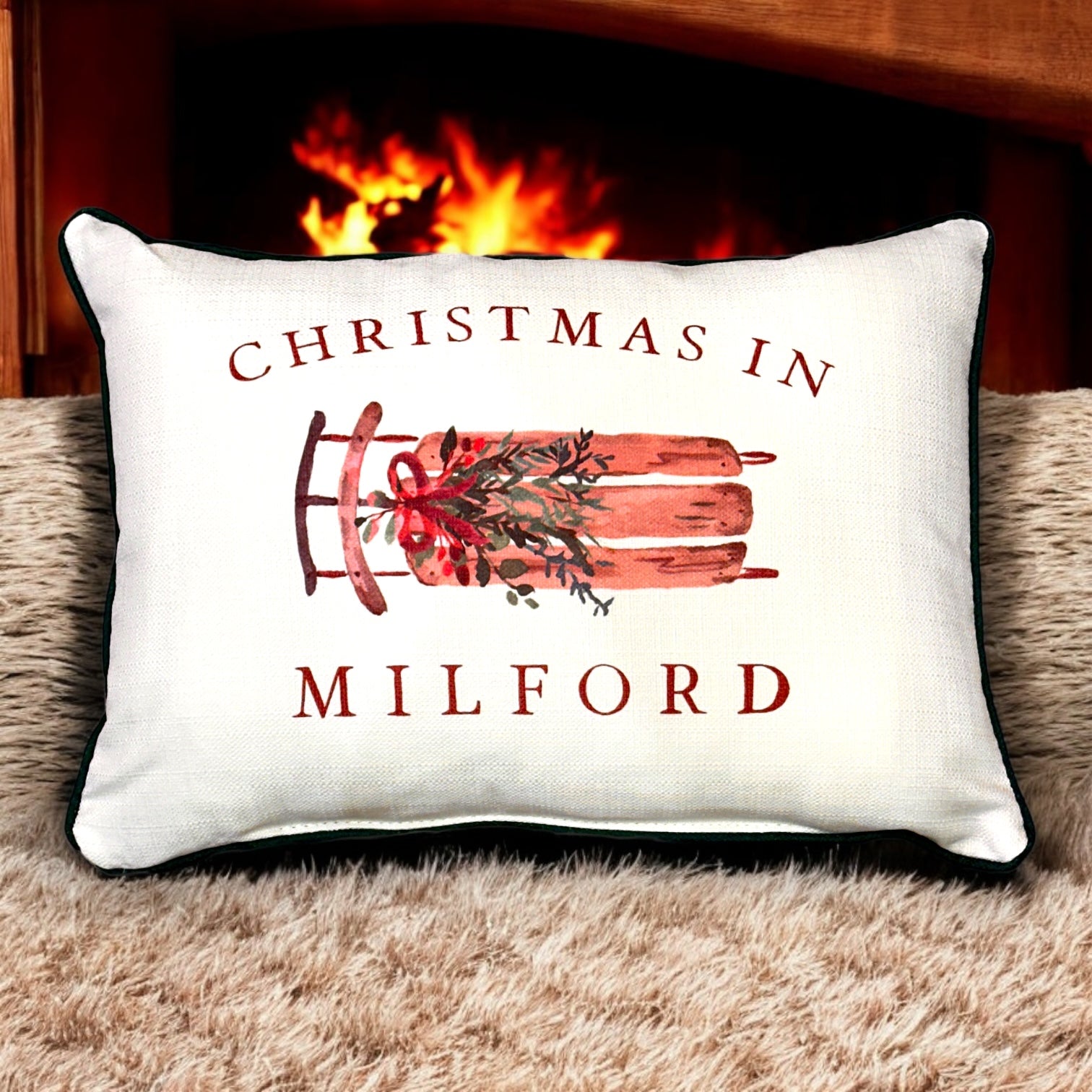 Christmas In Milford - Sled Print Throw Pillow with Evergreen Piping - 19-inch - Mellow Monkey