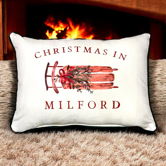 Christmas In Milford - Sled Print Throw Pillow with Evergreen Piping - 19-inch - Mellow Monkey