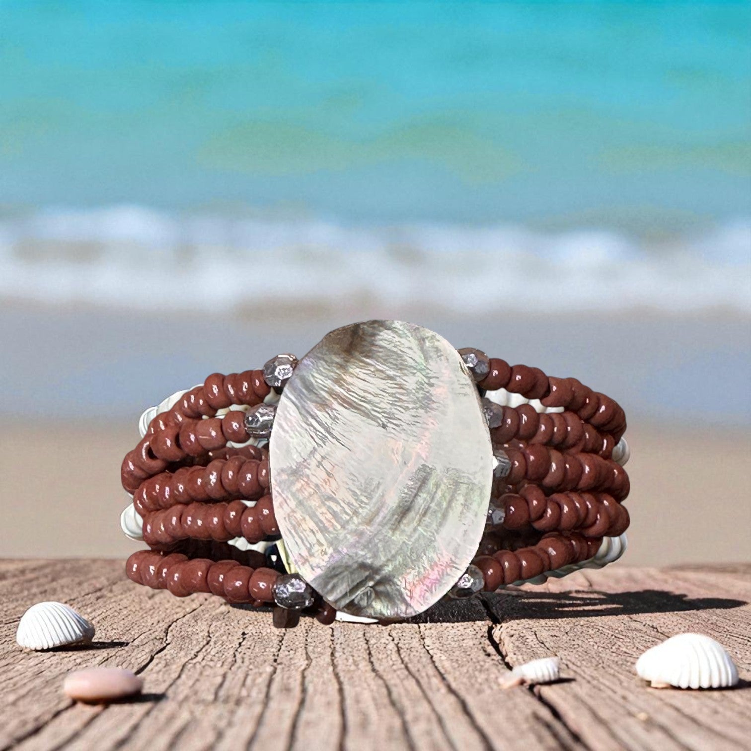 Bead and Wire Cuff Bracelet with Oval River Clam - Brown - Mellow Monkey