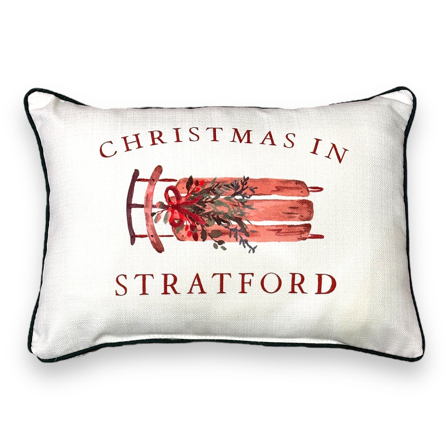 Christmas In Stratford - Sled Print Throw Pillow with Evergreen Piping - 19-inch - Mellow Monkey