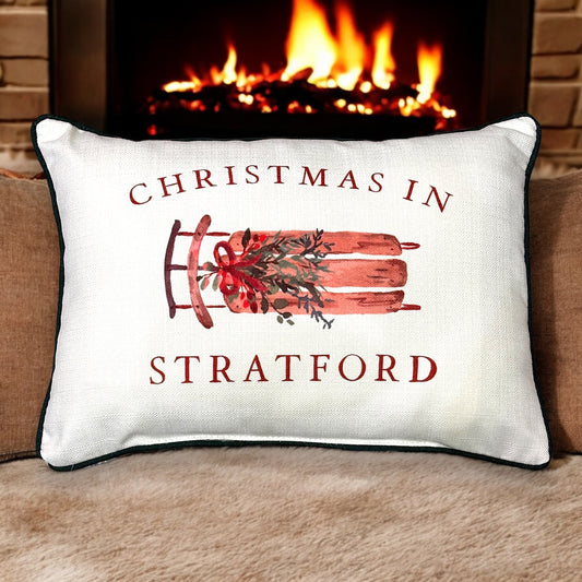 Christmas In Stratford - Sled Print Throw Pillow with Evergreen Piping - 19-inch - Mellow Monkey