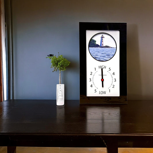 Tidepieces - Fayerweather Island Lighthouse/Black Rock Harbor Light Tide Clock - Black Flat Panel - Mellow Monkey