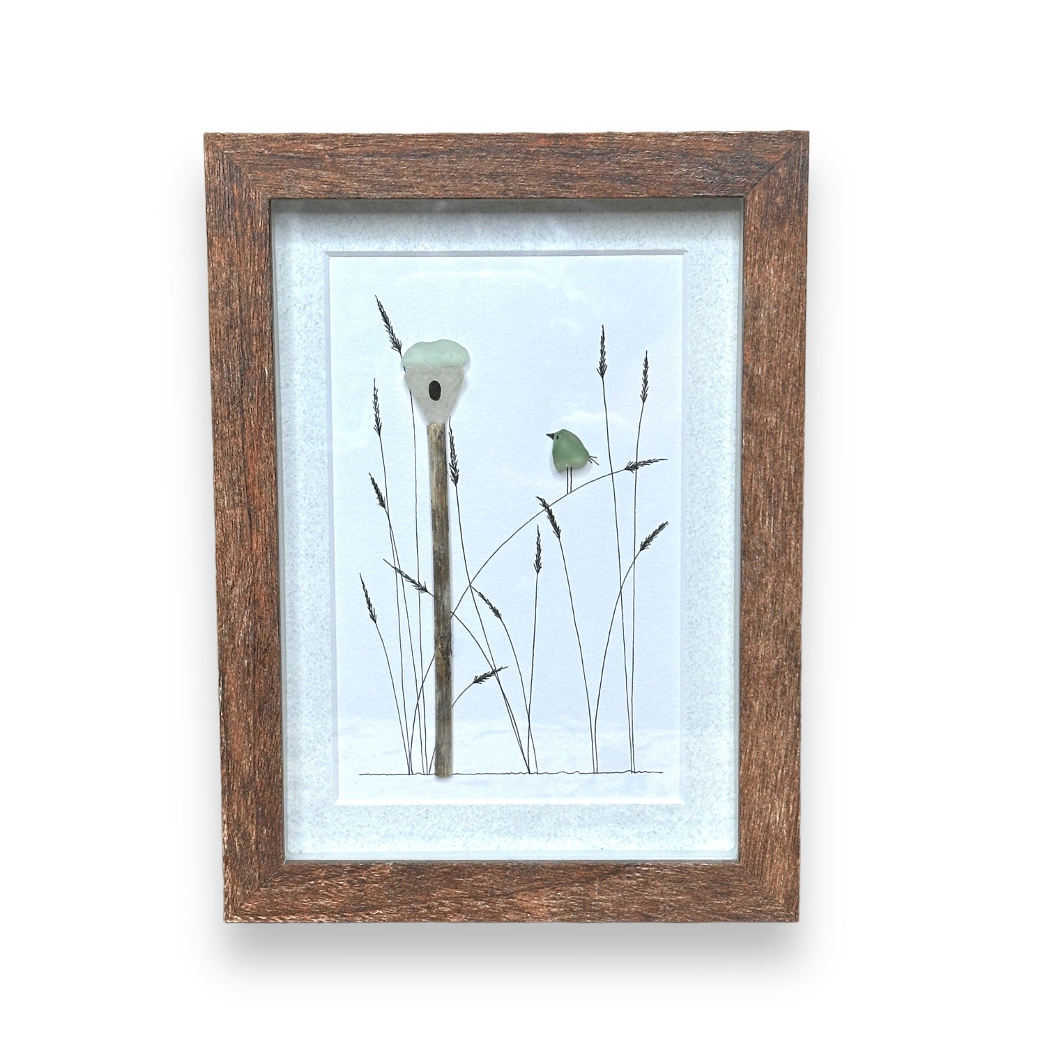 Sea Glass Bird with Birdhouse and Marsh Grasses - Brown Frame with Natural Mat - Mellow Monkey