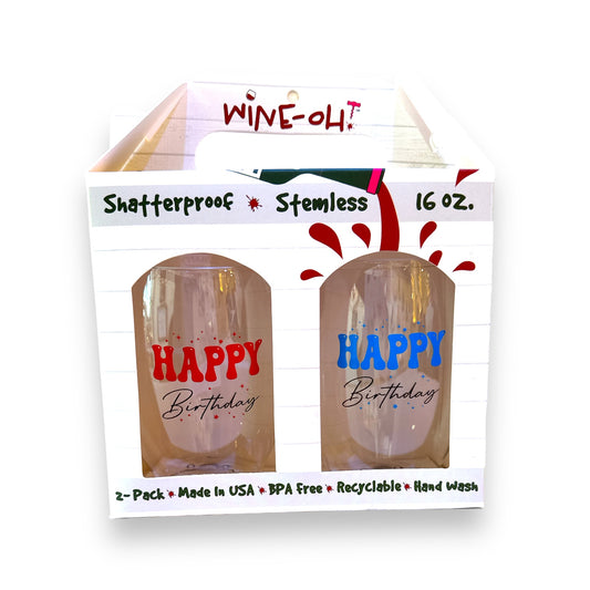 Happy Birthday (Red / Blue) - Shatterproof Stemless Wine Glass - 2-pk - Mellow Monkey