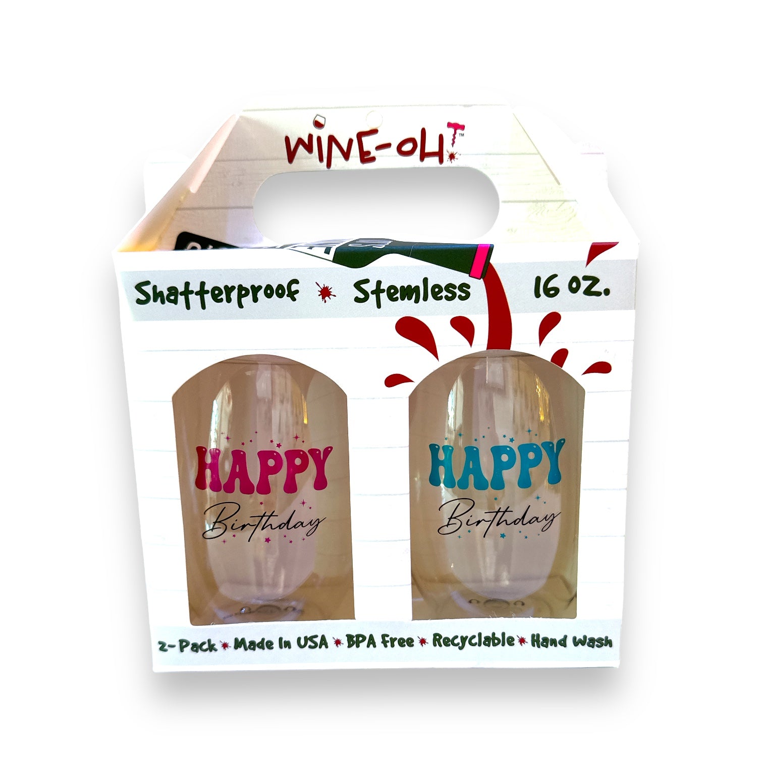 Happy Birthday (Pink / Aqua) - Shatterproof Stemless Wine Glass - 2-pk - Mellow Monkey