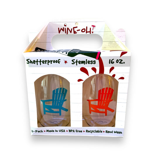 Adirondack Chair (Blue / Orange) - Shatterproof Stemless Wine Glass - 2-pk - Mellow Monkey