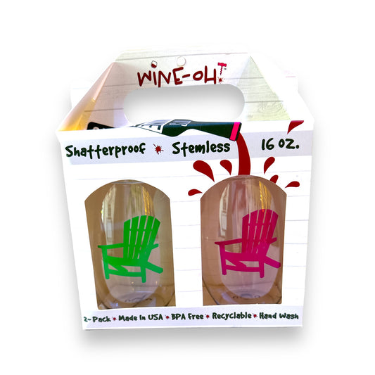 Adirondack Chair (Green / Pink) - Shatterproof Stemless Wine Glass - 2-pk - Mellow Monkey