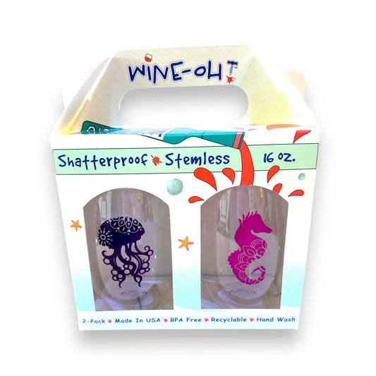 Purple Jellyfish and Pink Seahorse - Shatterproof Stemless Wine Glass - 2-pk