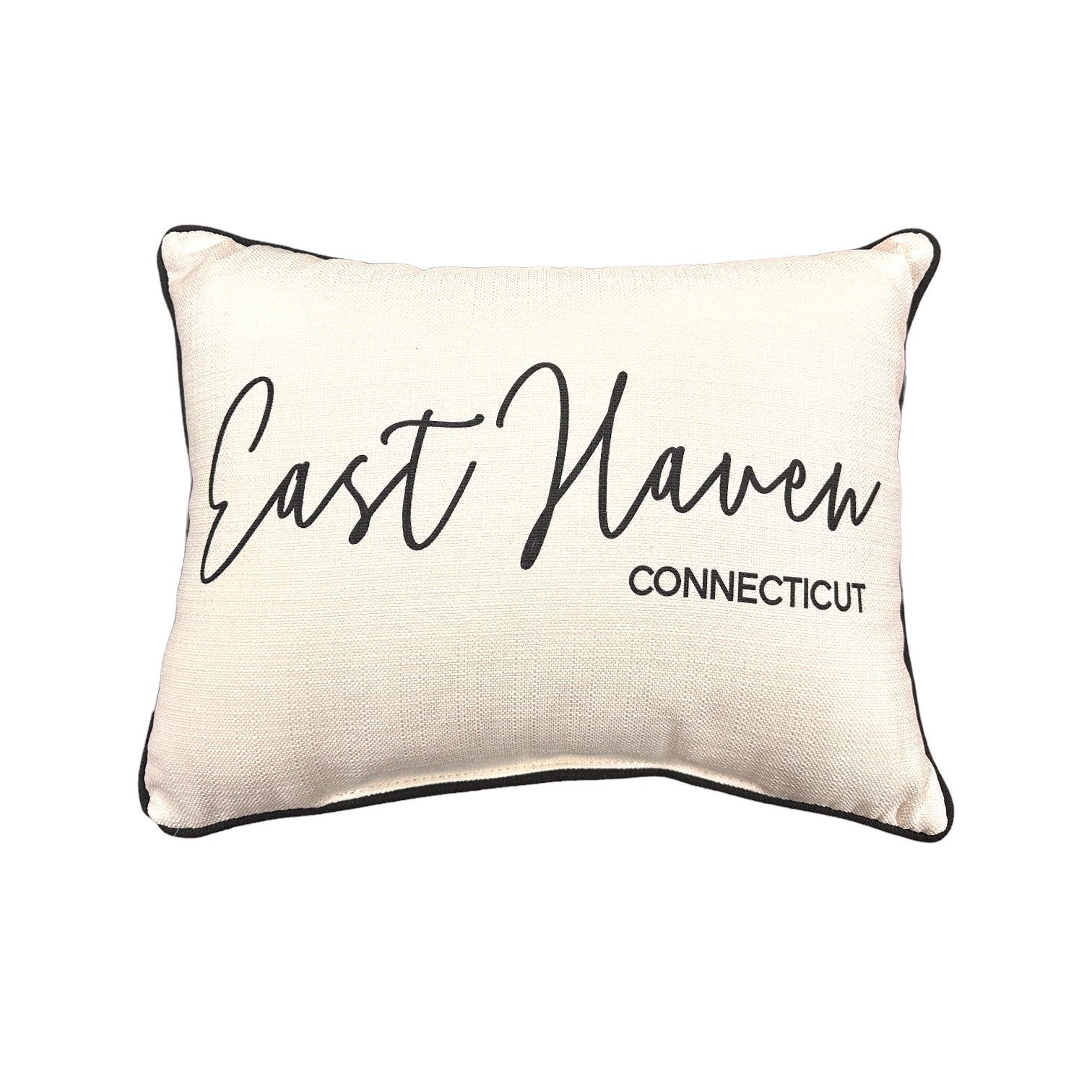 East Haven Connecticut Throw Pillow with Pinot Script and Black Piping - 19-in - Mellow Monkey