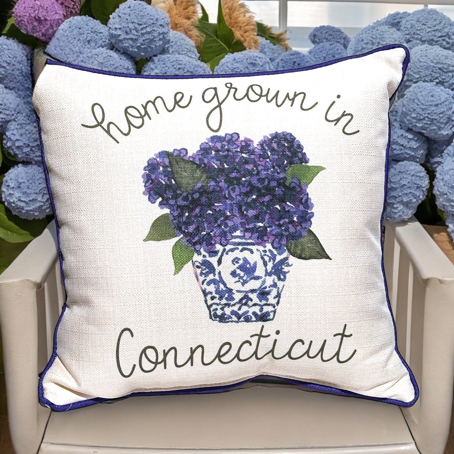 Home Grown in Connecticut - Blue Hydrangea Pillow - Mellow Monkey