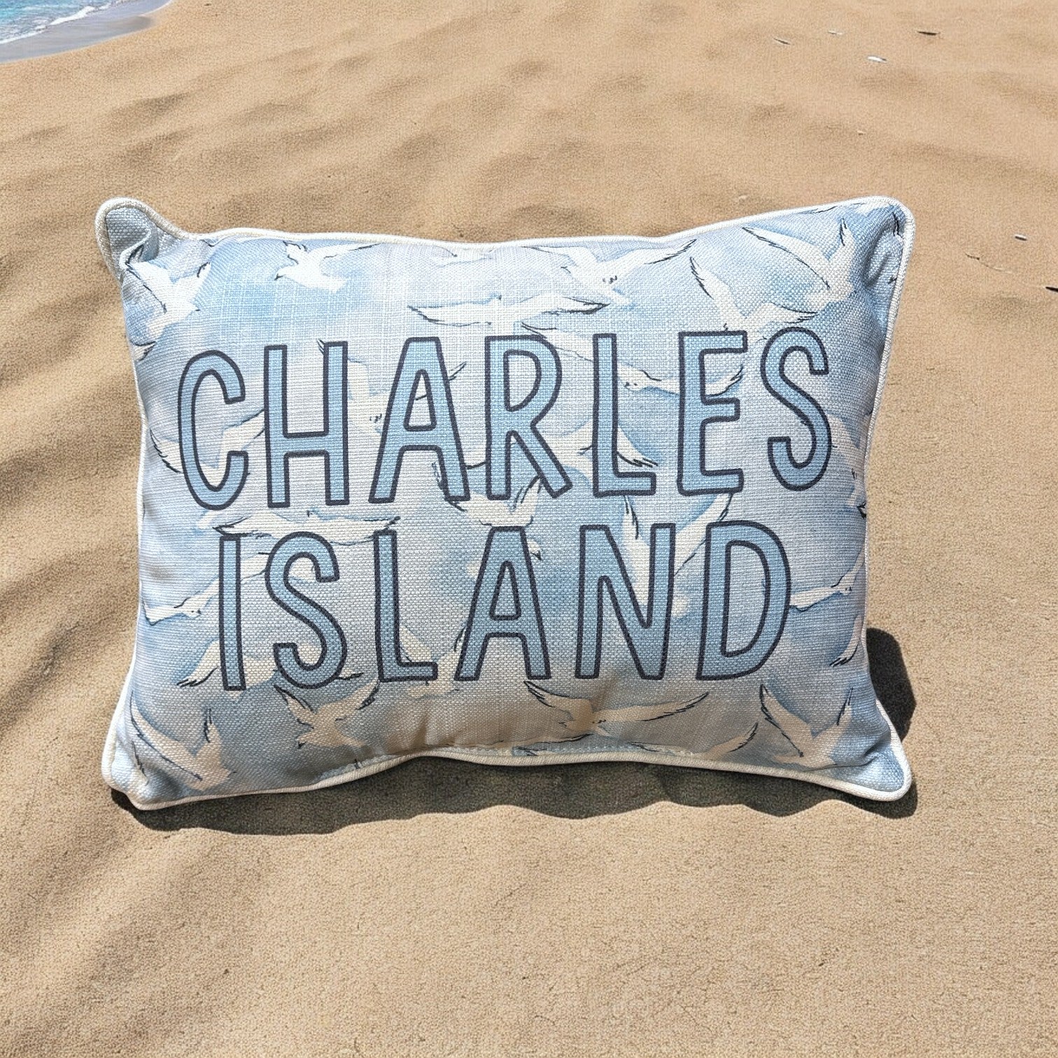 Charles Island (Milford) - Seagulls Print Pillow with Natural Piping - 19-inch - Mellow Monkey