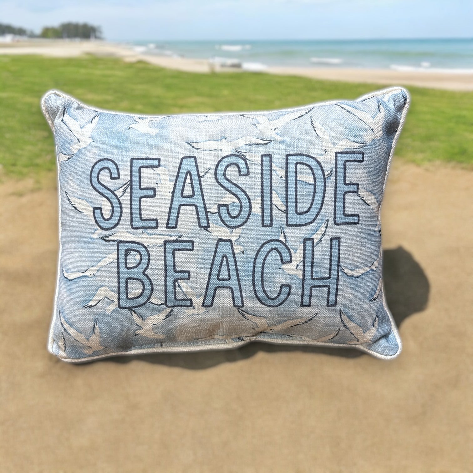 Seaside Beach  - Seagulls Print Pillow with Natural Piping - 19-inch - Mellow Monkey