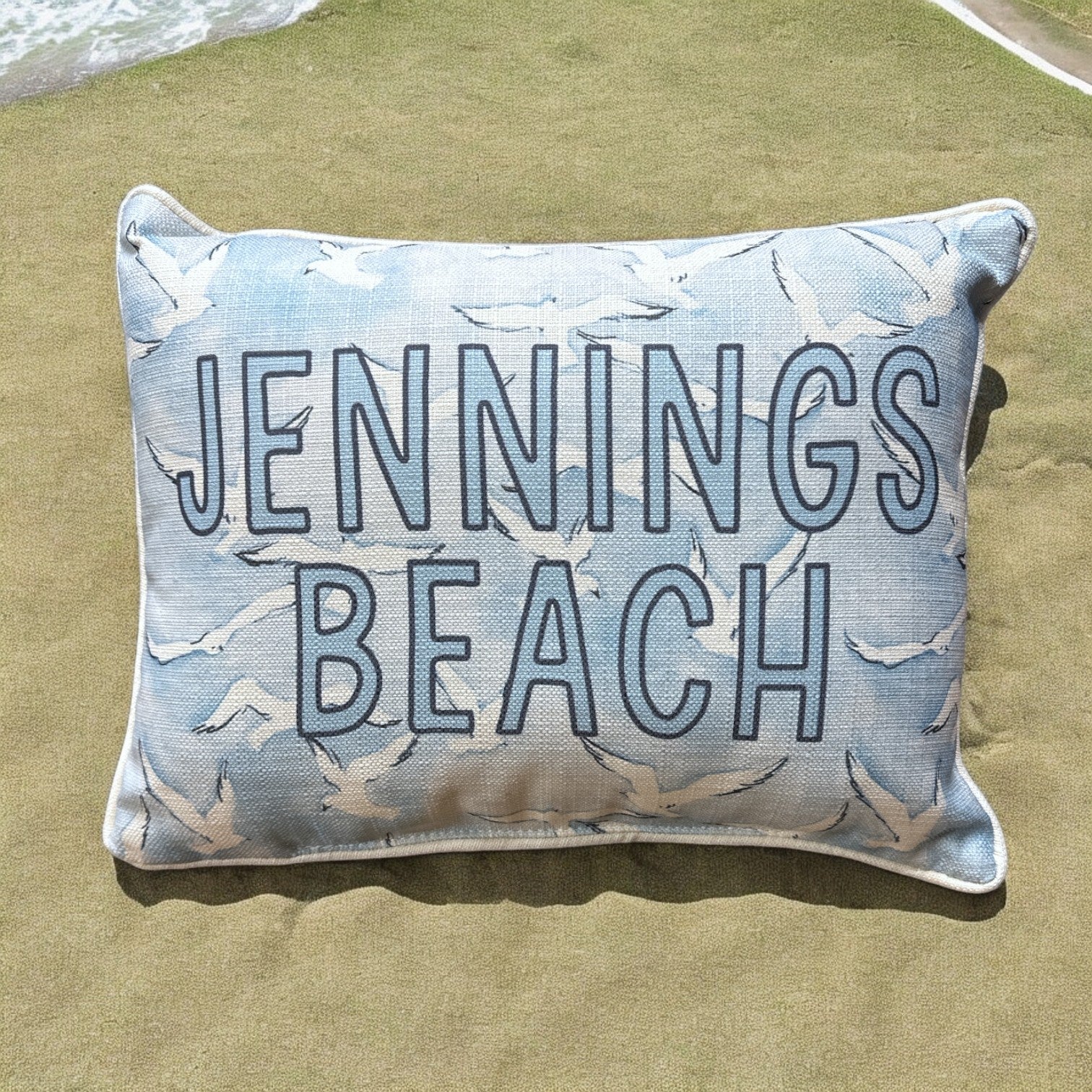 Jennings Beach - Seagulls Print Pillow with Natural Piping - 19-inch - Mellow Monkey