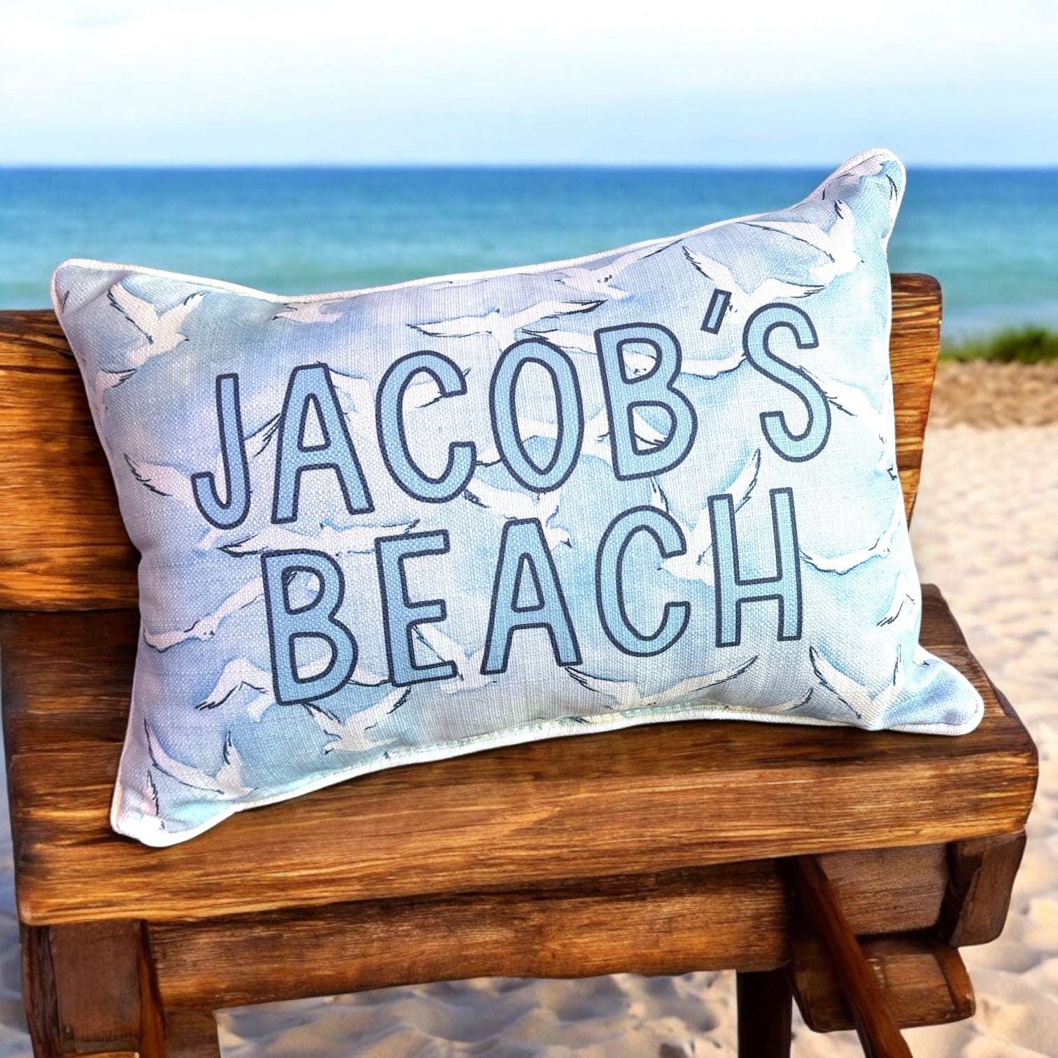 Jacob's Beach  - Seagulls Print Pillow with Natural Piping - 19-inch - Mellow Monkey