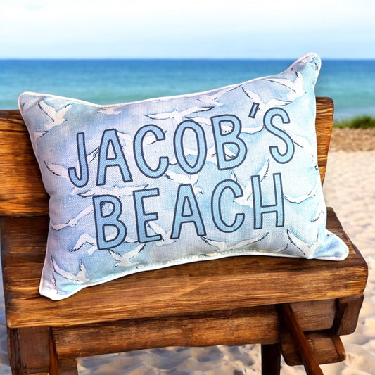 Jacob's Beach  - Seagulls Print Pillow with Natural Piping - 19-inch - Mellow Monkey