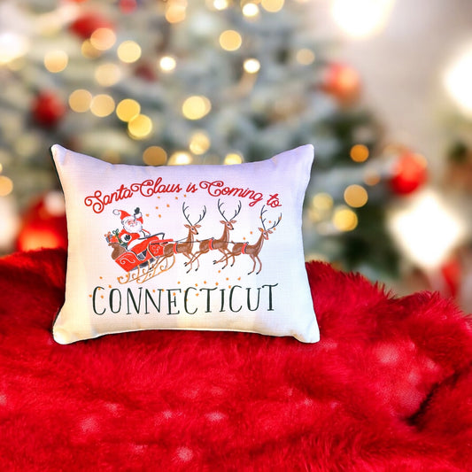 Santa Claus Is Coming To Connecticut - Throw Pillow with Evergreen Piping - 19-inch