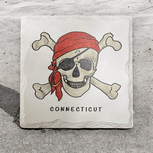 Connecticut - Skull & Bones Ceramic Coaster - 4-1/4-in