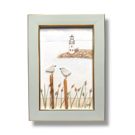 Lighthouse Sea Glass Birds on Watercolor Print - Framed Teal 6-in - Mellow Monkey