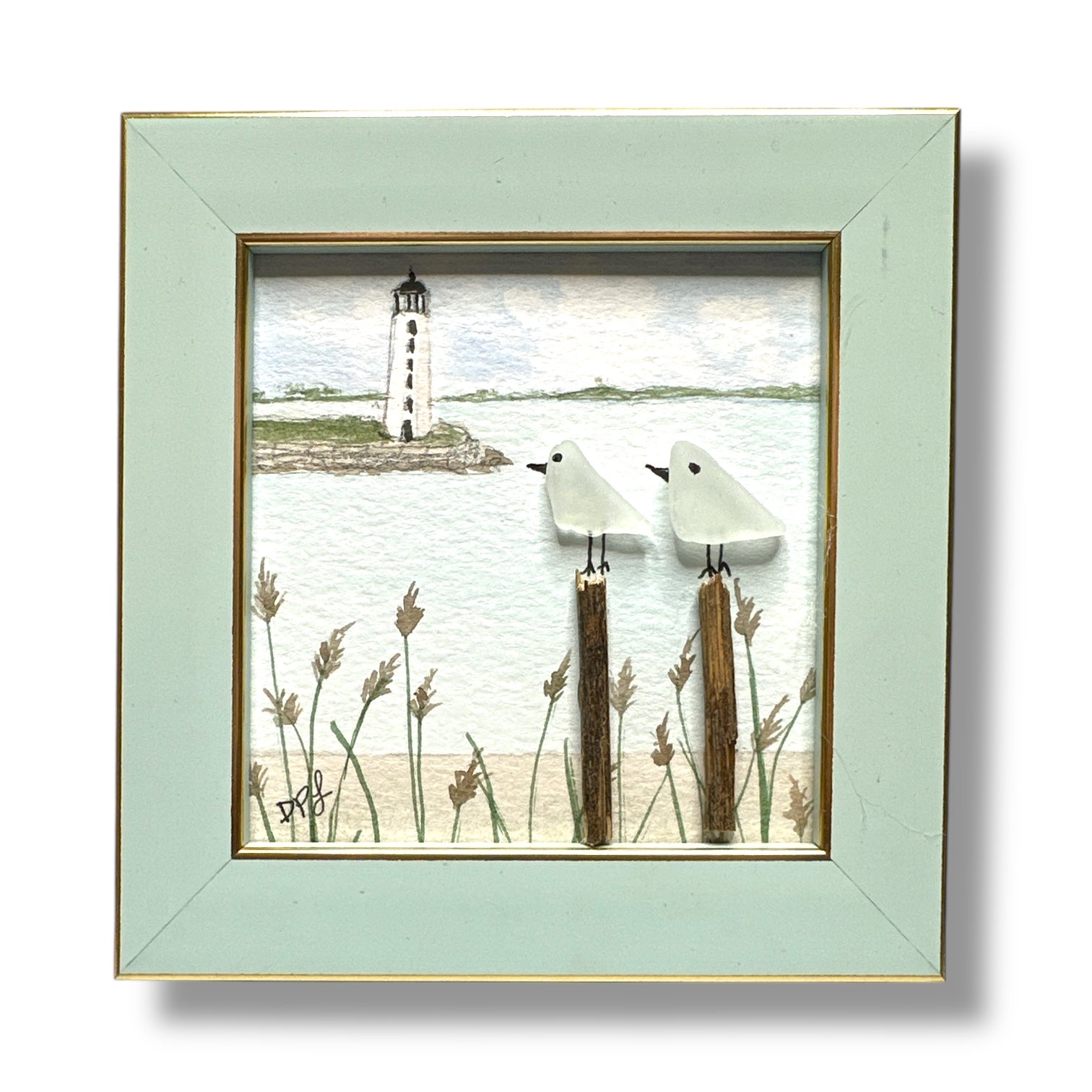 Five Mile Point Lighthouse Sea Glass Birds on Watercolor Print - Framed Teal 4-1/4-in - Mellow Monkey