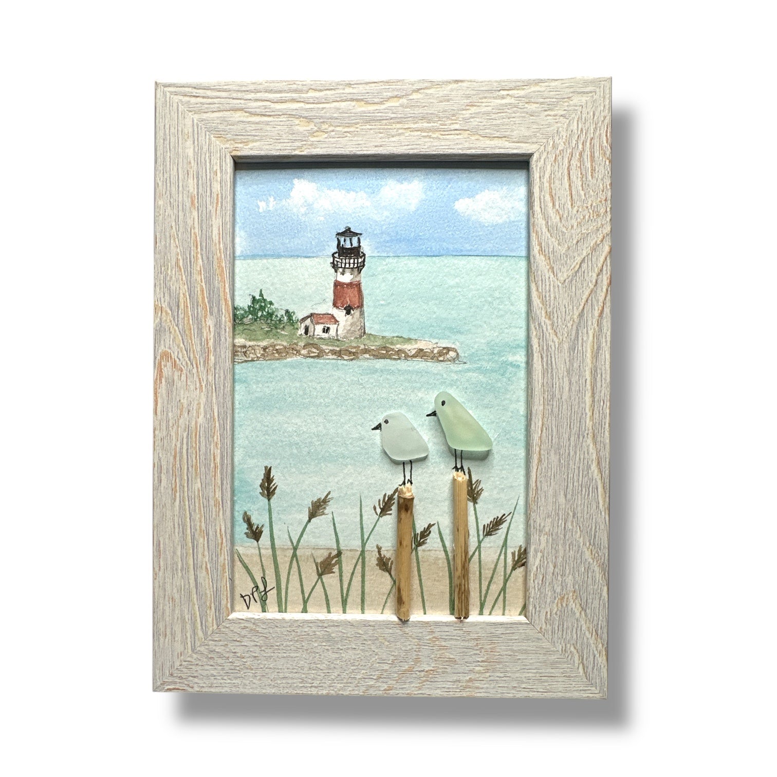 Sankaty Head Lighthouse Sea Glass Birds on Watercolor Print - Framed White Washed 7-1/2-in Vertical - Mellow Monkey