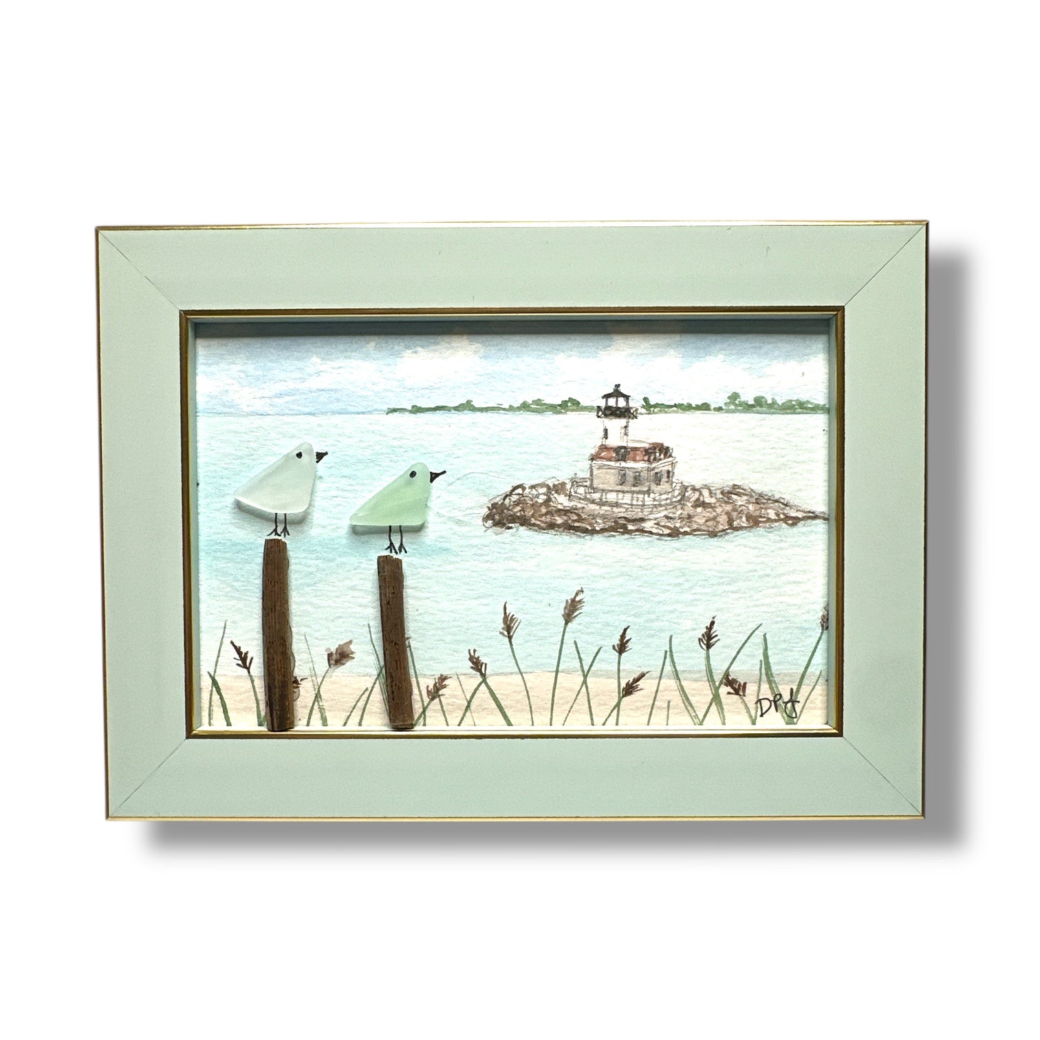 Penfield Light Fairfield Sea Glass Birds on Watercolor Print - Framed Teal 7-1/4-in Horizontal - Mellow Monkey