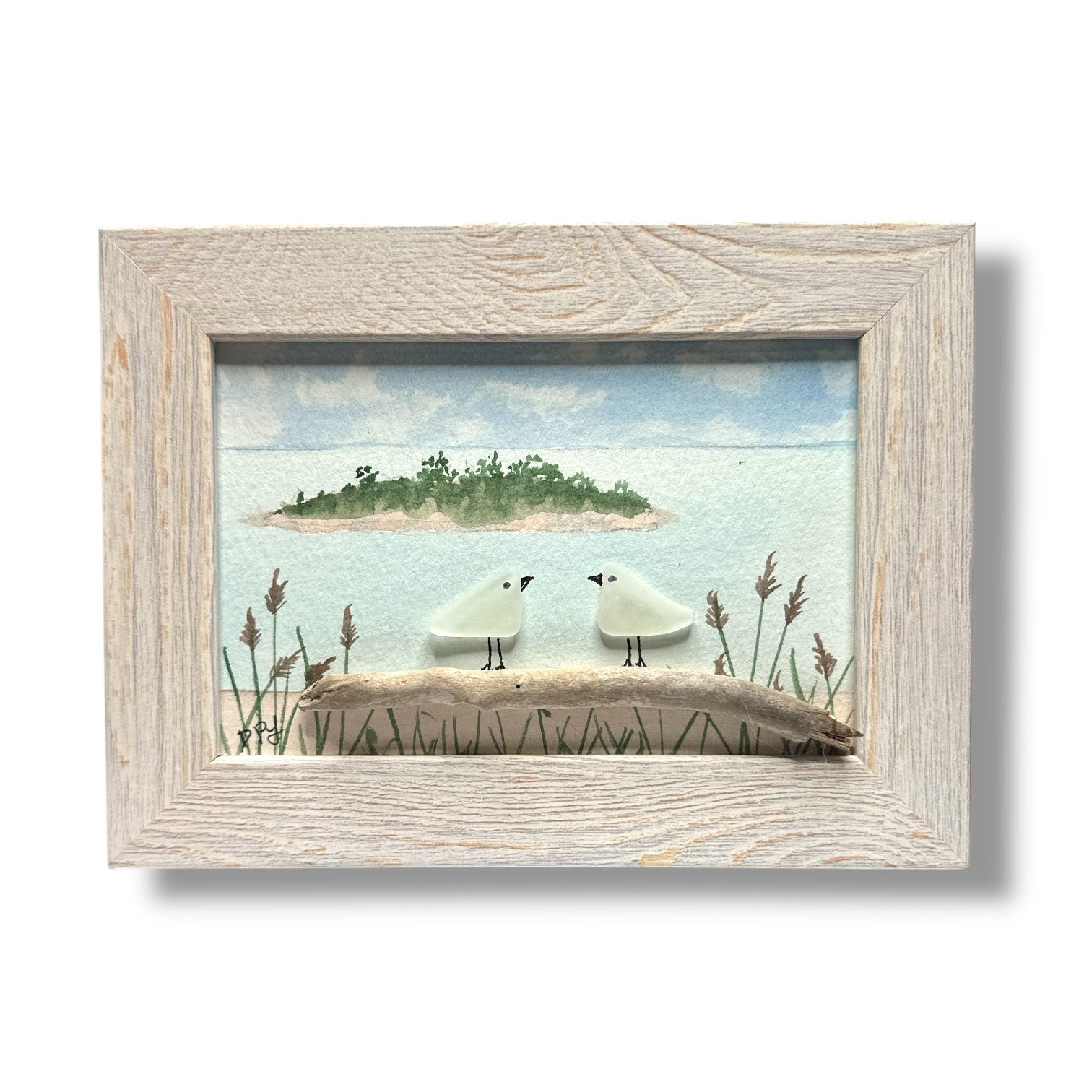 Charles Island Sea Glass Birds on Watercolor Print - Framed White Washed 7-1/2-in Horizontal - Mellow Monkey