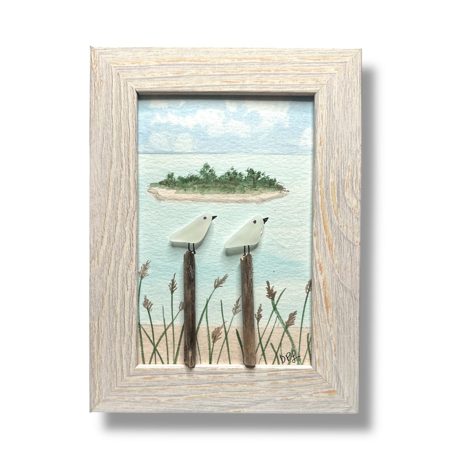 Charles Island Sea Glass Birds on Watercolor Print - Framed White Washed 7-1/2-in Vertical - Mellow Monkey