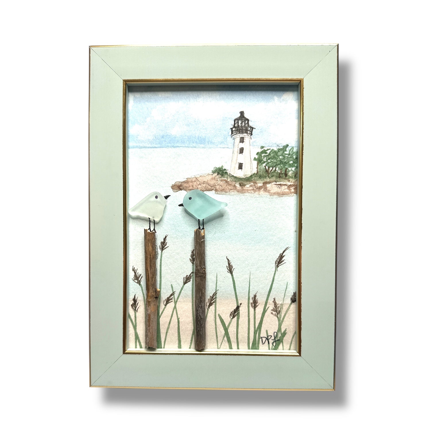 Fayerweather Lighthouse Sea Glass Birds on Watercolor Print - Framed Teal 7-1/4-in Vertical - Mellow Monkey