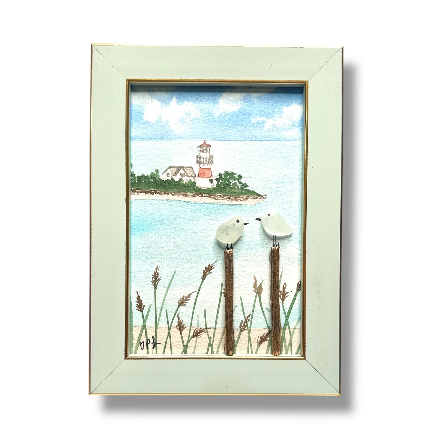 Stratford Point Lighthouse Sea Glass Birds on Watercolor Print - Framed Teal 7-1/4-in - Mellow Monkey