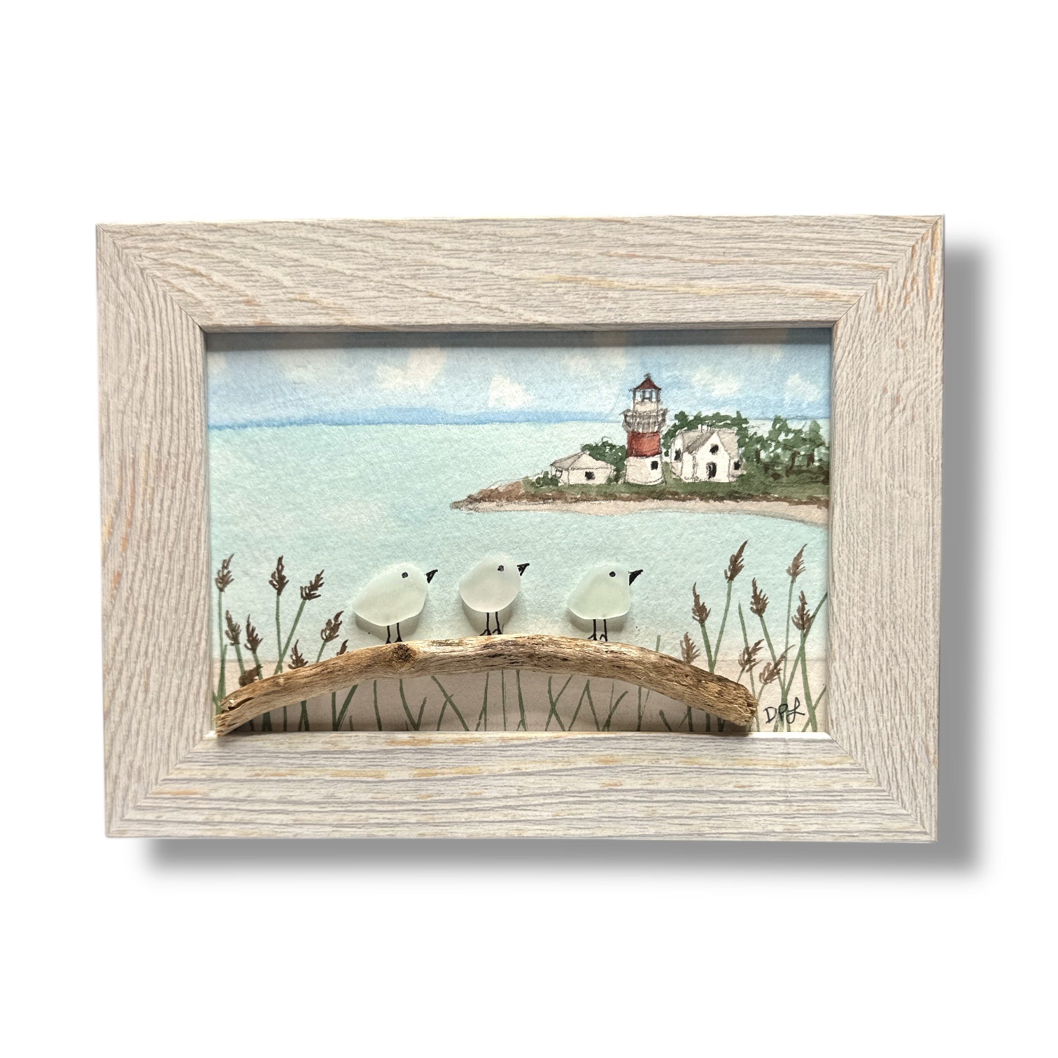 Stratford Point Lighthouse Sea Glass Birds on Watercolor Print - Framed White Washed 7-1/2-in Horizontal - Mellow Monkey