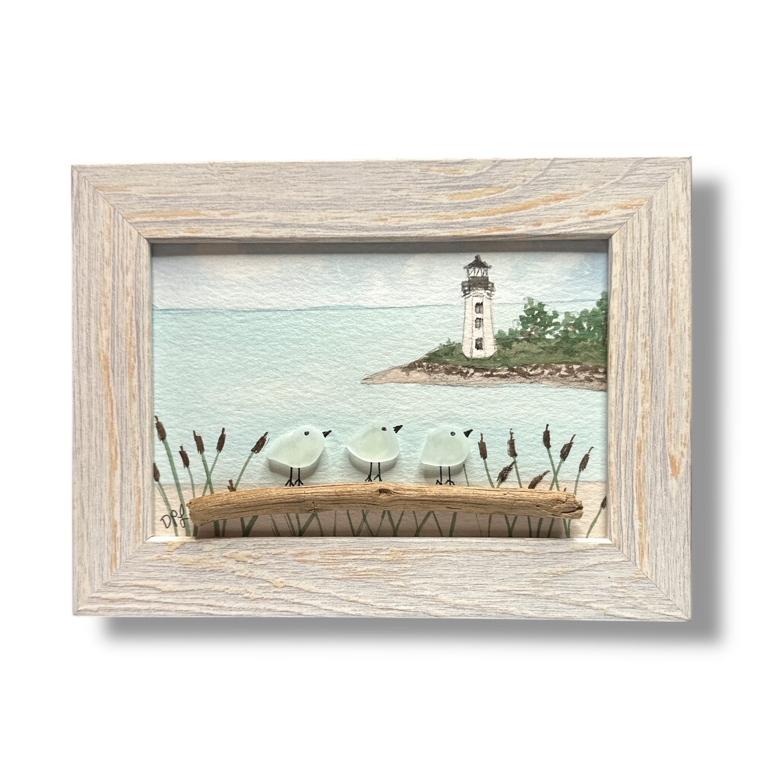 Fayerweather Lighthouse Sea Glass Birds on Watercolor Print - Framed Teal 7-1/4-in Horizontal - Mellow Monkey