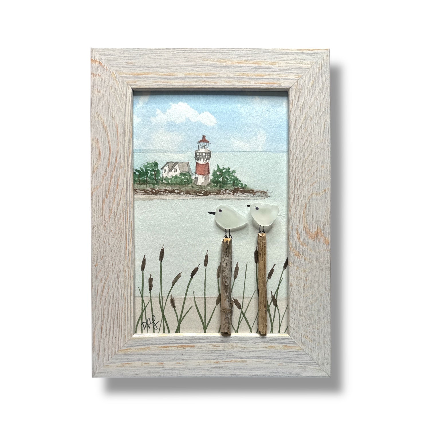Stratford Point Lighthouse Sea Glass Birds on Watercolor Print - Framed White Washed 7-1/2-in Vertical - Mellow Monkey