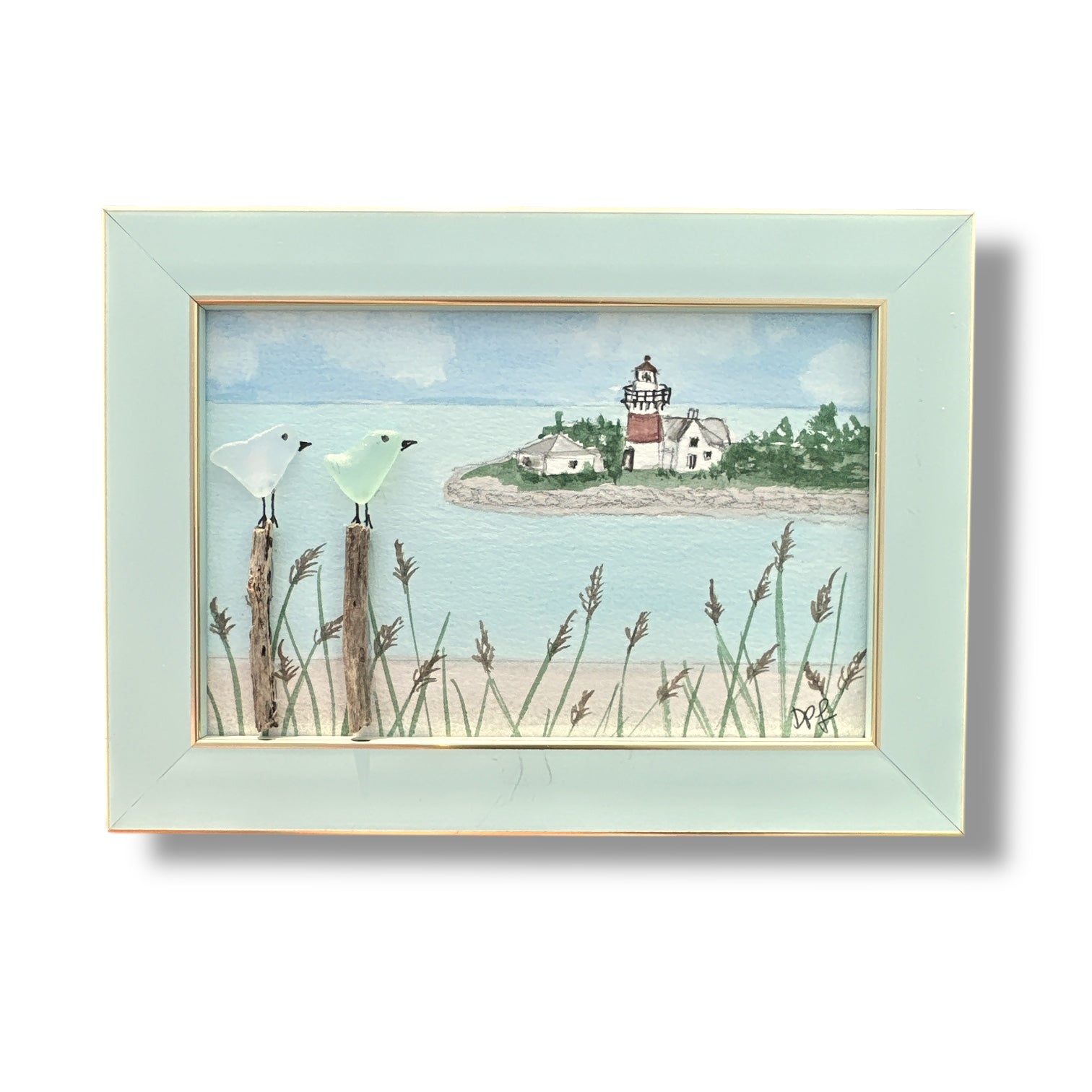 Stratford Point Lighthouse Sea Glass Birds on Watercolor Print - Framed Teal 7-1/4-in Horizontal - Mellow Monkey