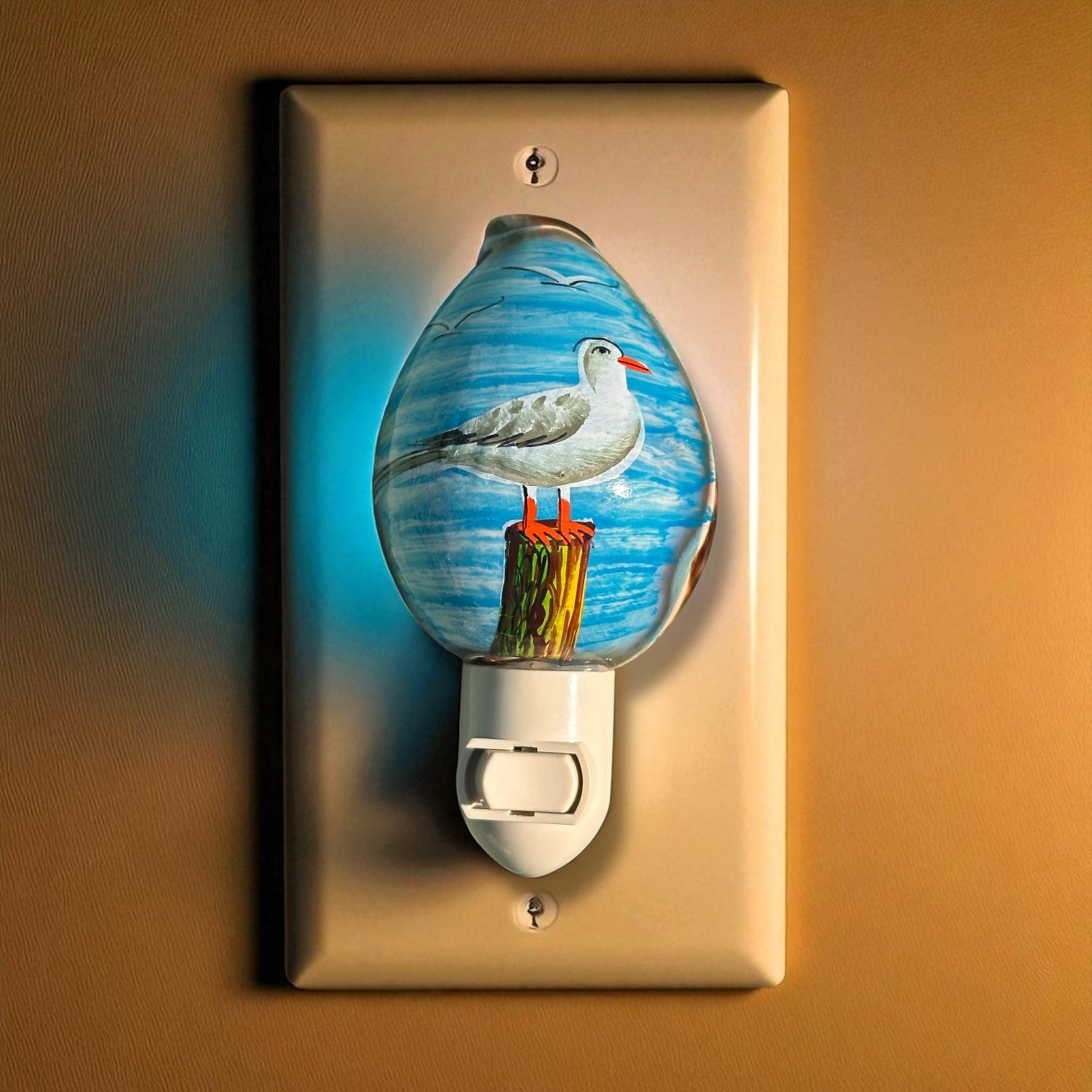 Seagull On Piling - Cowrie Shell Painted Night Light - Mellow Monkey