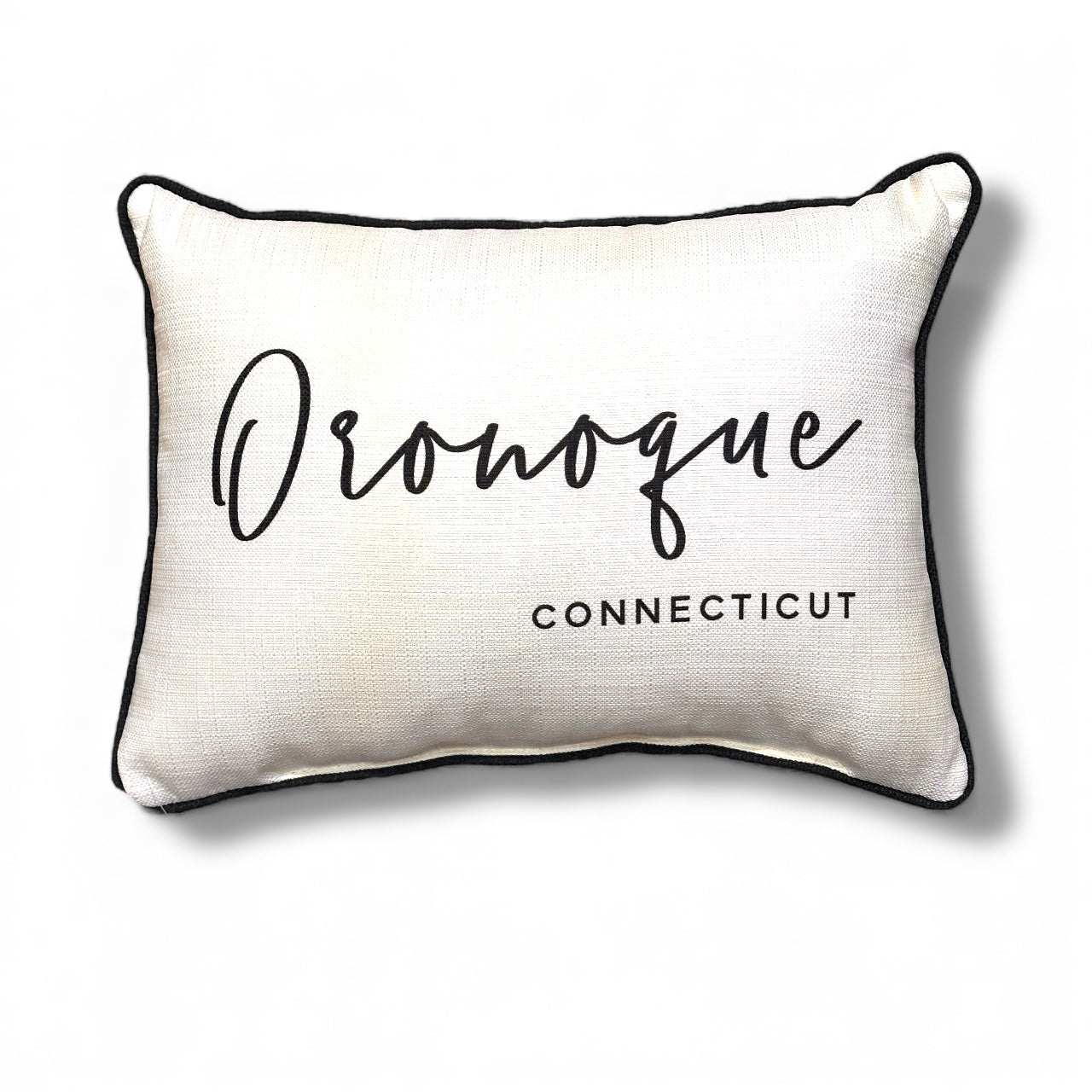 Oronoque Stratford Connecticut Throw Pillow with Pinot Script and Black Piping - 19-in - Mellow Monkey