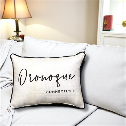 Oronoque Stratford Connecticut Throw Pillow with Pinot Script and Black Piping - 19-in - Mellow Monkey