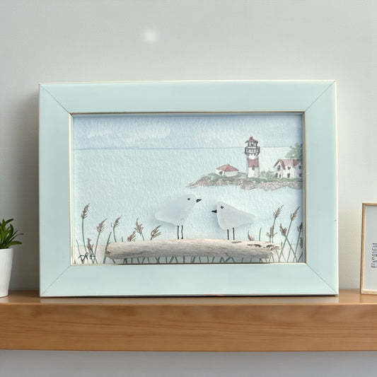 Stratford Point Lighthouse Sea Glass Birds on Watercolor Print - Framed - 7-1/2-in - Mellow Monkey