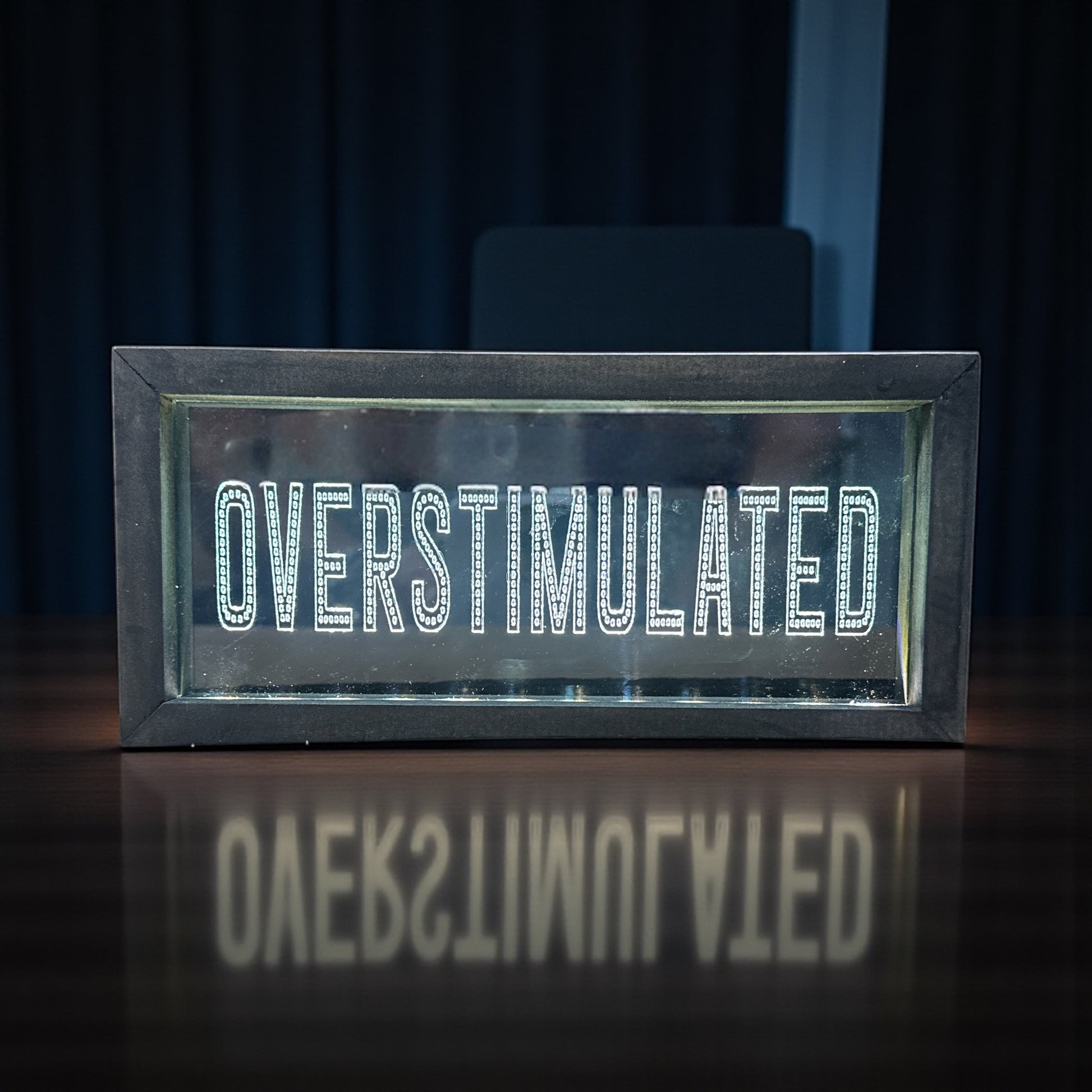 OVERSTIMULATED - Wood Framed Lighted LED Sign - 9-in - Mellow Monkey