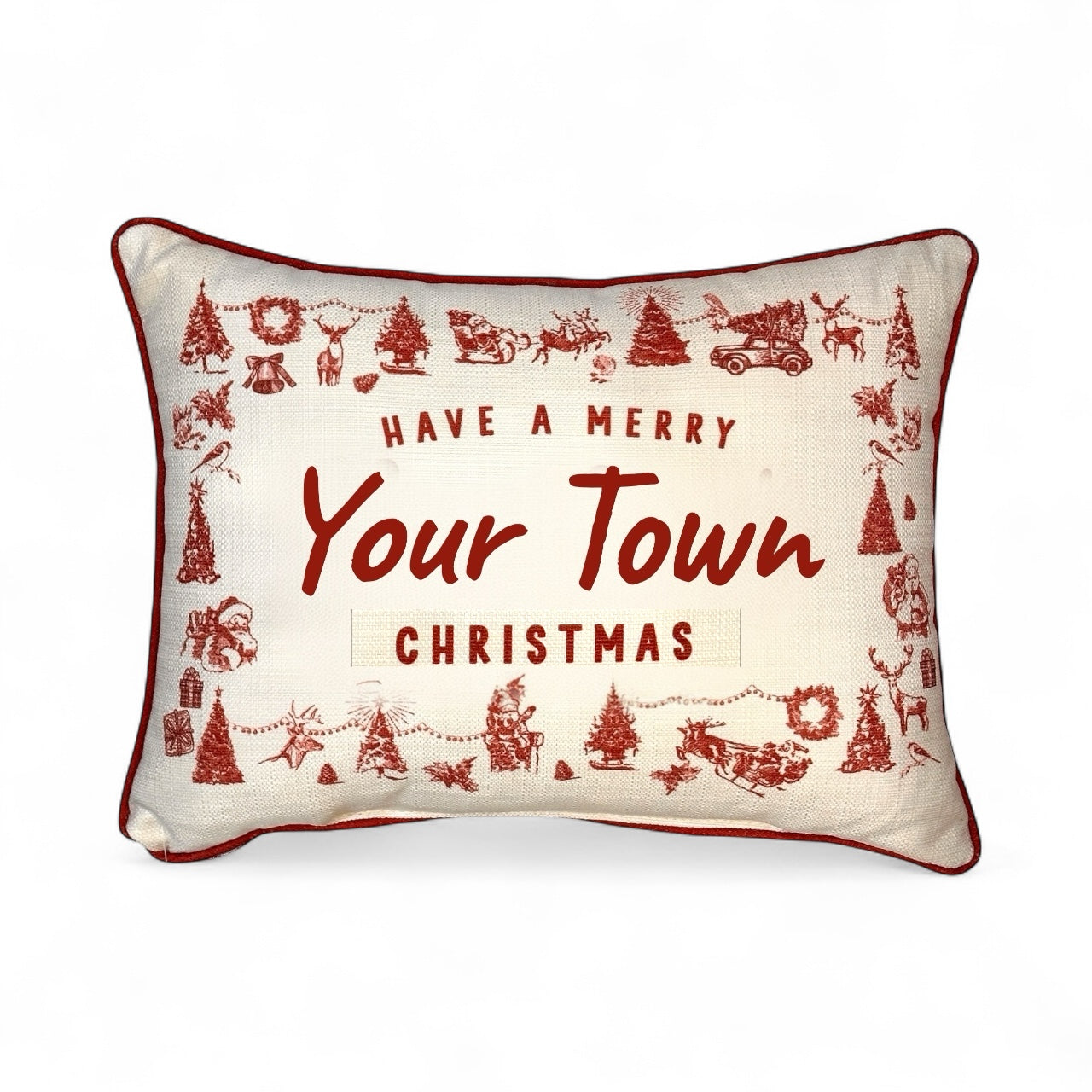 CUSTOM Gingham Christmas Hometown Pillow - Town/City and State - Red Piping - 19-in - Mellow Monkey